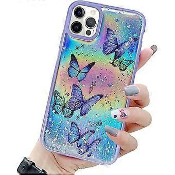 Girly Case Kompatibel med iPhone 12 Pro Max Cover Sødt Iridescent Sommerfugl Design Laser Bling Glitter Stjerner til Piger Kvinder Blød TPU Bumper Drop Beskyttelse