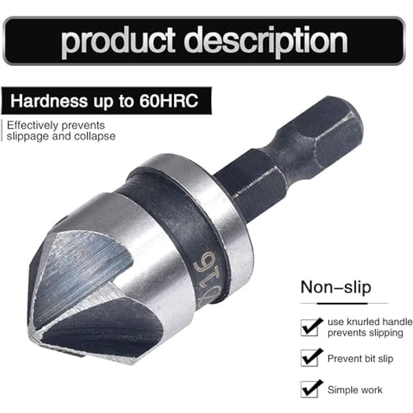 3 stk 1/4'' Hex 5 Fløyter 90° 1/2'' 5/8'' 3/4'' Forsenker Bor