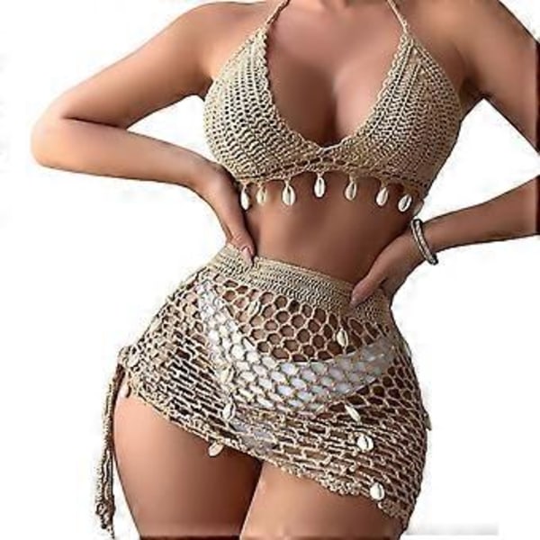 Dame 2-delt Hæklet Badedragt Muslingeskaller Halter Bikinitoppe og Udhulet Højtaljet Strandnederdel Sæt Gaver Hvid M White M