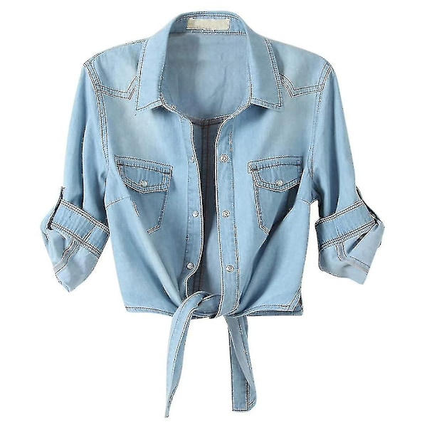 Uformell 3/4-ermet crop jeansjakke med knapper og knyte for kvinner. XXL. Lyseblå light blue M