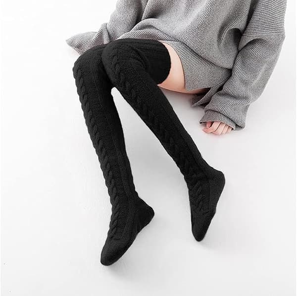 Dame Thigh High Sorte Strømper Over Knæ Kabelstrikket Støvle Sokker