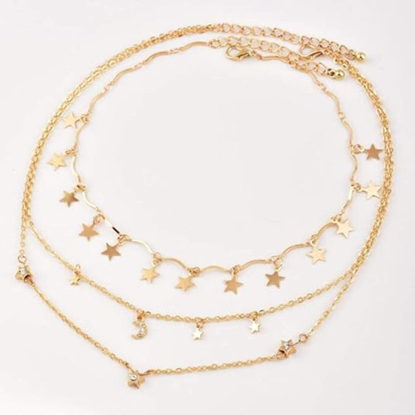 Bohemia Gold Tre Lags Halskjede Stjerne Choker Gull Choker Sol Stjerne Anheng Lags Choker Sett Flersjiktet Kjede for Kvinner Perler Blad Smykker for Kvinner og Jenter