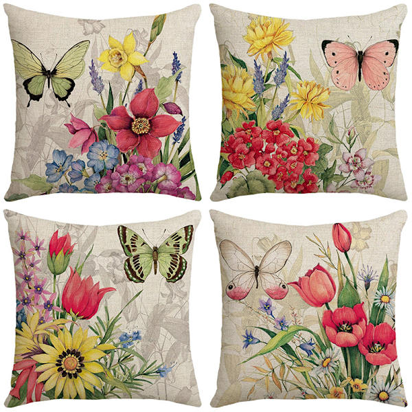 Putetrekk, sett med 4-45 x 45cm bomull og lin Daisy Flower Pr