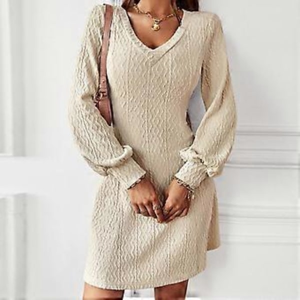 V-ringad Stickad Långärmad Klänning Trendig Elegant Klassisk Midja Slim Fit Dam Tröjklänning för Höst Vinter