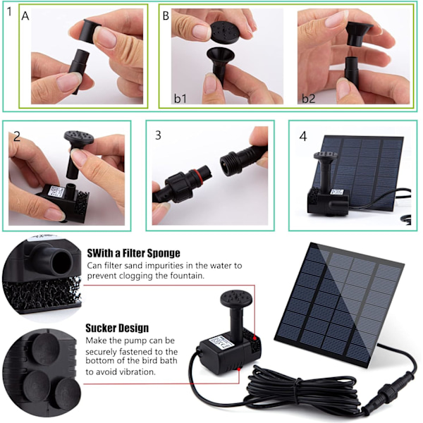 Solcellsdriven fontänpumpsats med separata solpaneler, 1,2W uppgraderad solcellsvattenpump, levereras med 3-meters kabel och 4 munstycken, svart