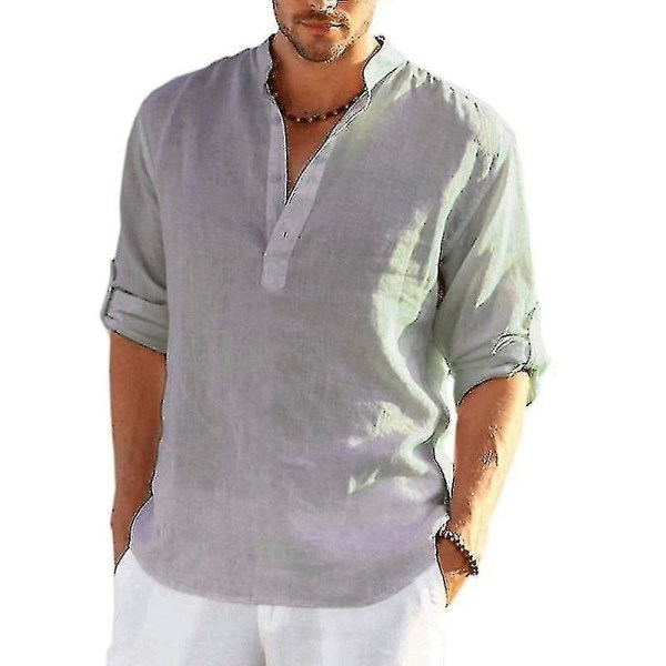 Långärmad linneskjorta för män, casual i bomull och linne, S-5xl topp, Ny design.4XL.grå