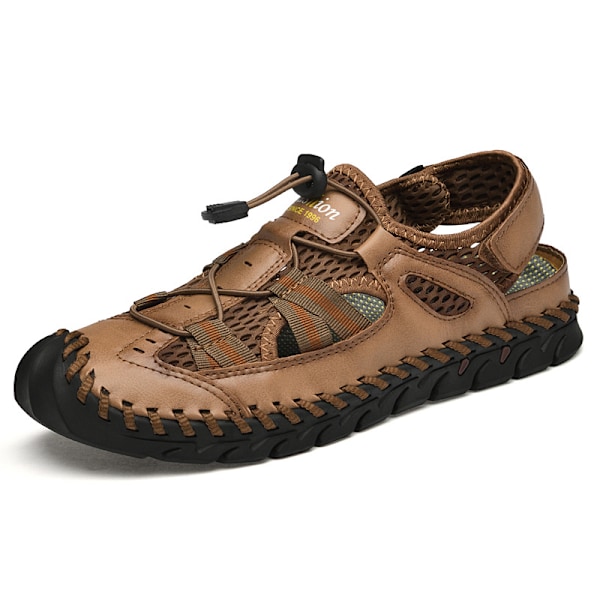 Sommarsandaler för män, Mode lädersandaler, Handsydda utomhus strand sandaler i kohud, andningsbara, 38, Gul Yellow 38