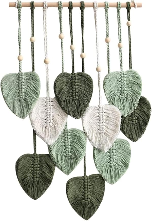 1 stk. Macrame vægophæng, Boho-stil, med træperler og blade
