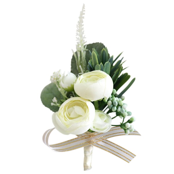 11x7x7cm flerfarget bryllupsgave 2 stk. utsøkte bryllupsbrystblomster, brudgommens brystblomst hvit