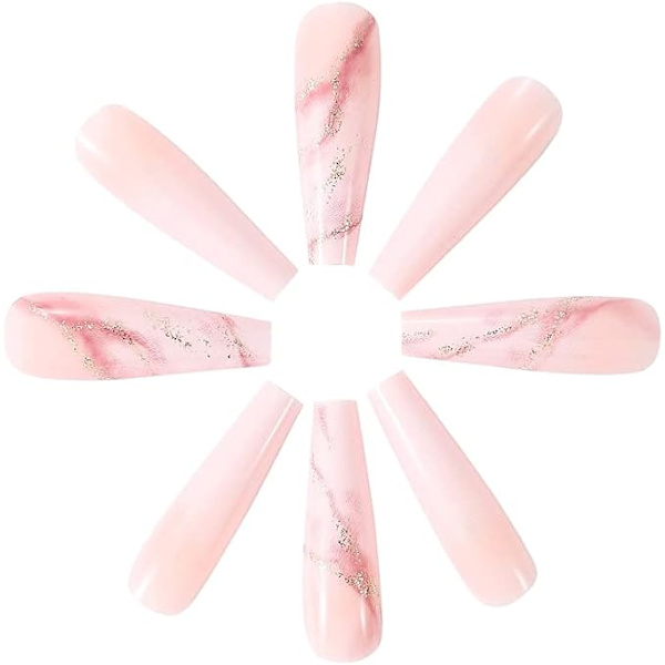 Marmor Nude Rosa Gradient Gullfolie Lange Falske Negler (24 stk)