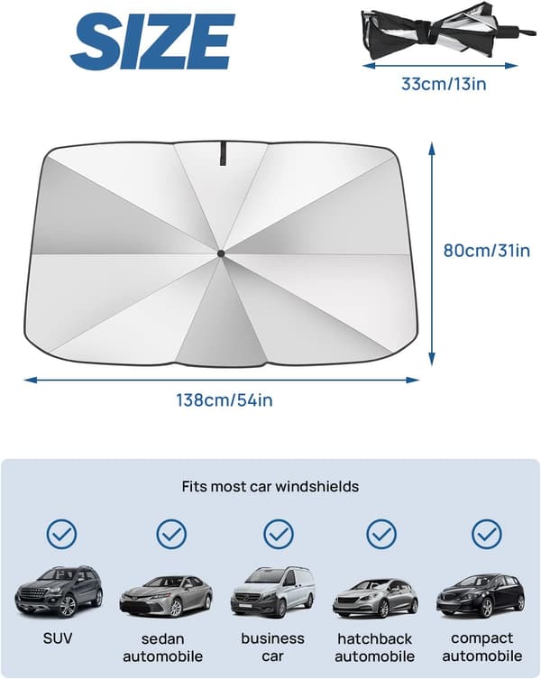 1 x Bil Front Solskjerm Paraply, 138*80CM, Sammenleggbar Universal U