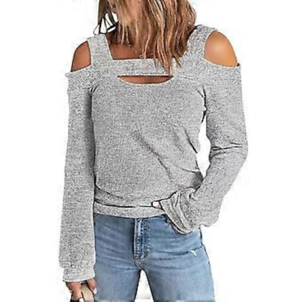 Dame Cold Shoulder Topp Cut Out Design Ensfarget Mote Langermet Bluse for Hjemmeshopping Grå M