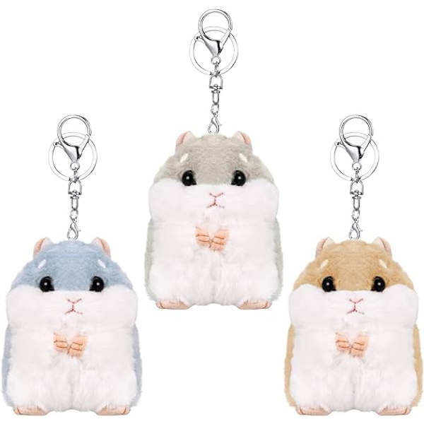 3 søde hamster nøgleringe (blå brun grå), blød plys nøglering,
