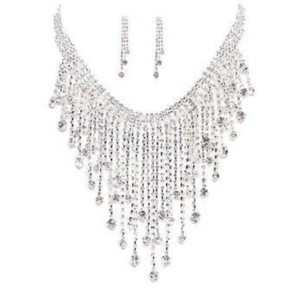 Strass Kristall Set Halsband Örhängen Hänge Silver Lång Tofs