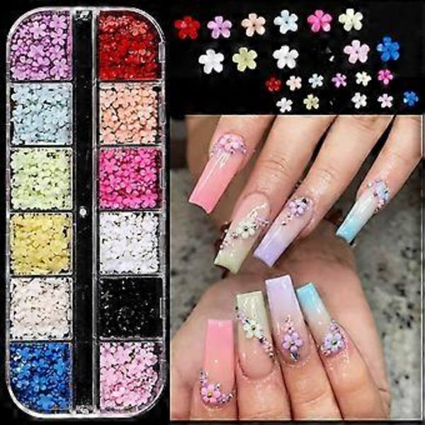 12 Fack 3D Harts Blomma Nageldelar Dekoration Blandade Stålpärlor Ädelstenar Berlocker Nageltillbehör Professionella Nageltillbehör