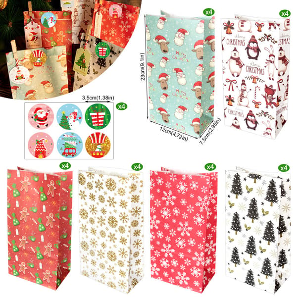 Julegaveposer med 24 sæt julemærkater Adventskalender slikpapir - MC2-170