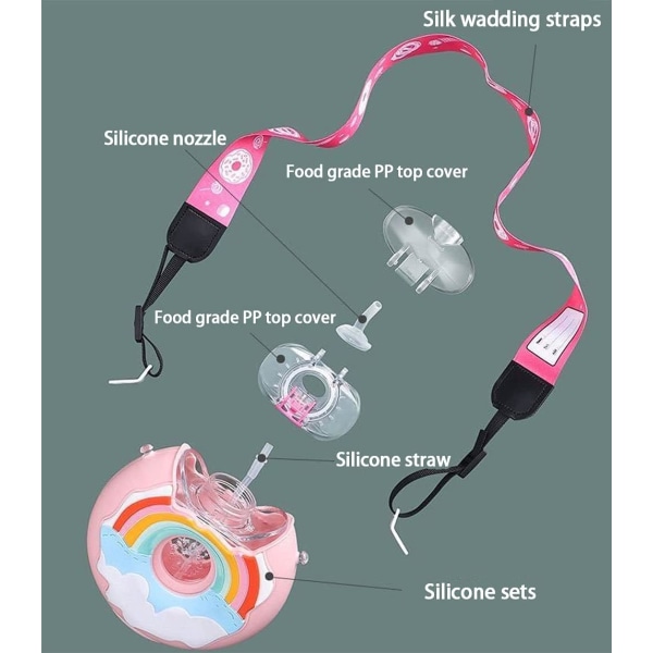 380ml Donut Rosa Vannflaske med Sugerør for Barn, BPA-fri & Lekkasje