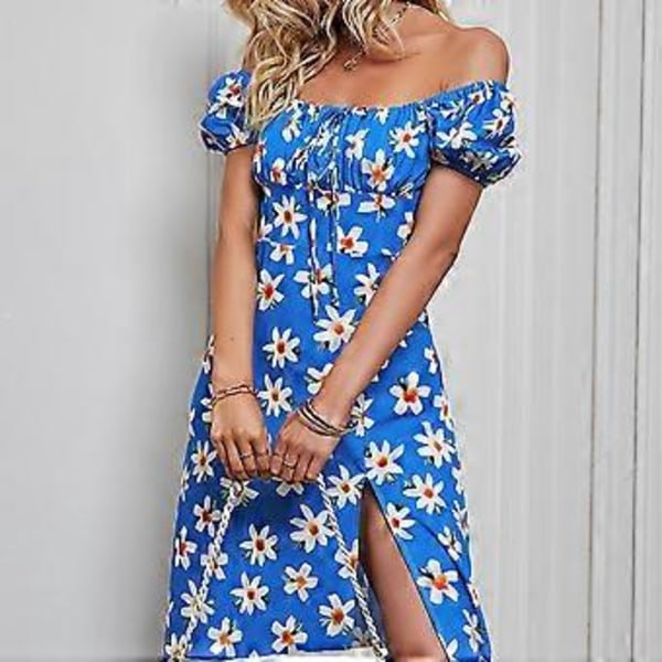 Blomstret Damekjole Off Shoulder Firkantet Hals Puff Korte Ærmer Slids Sommer Afslappet Kjole