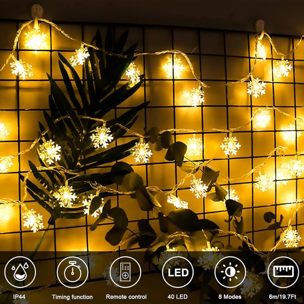 Jouluvalot, 6M 40LED Lumihiutalevalot USB ja paristo