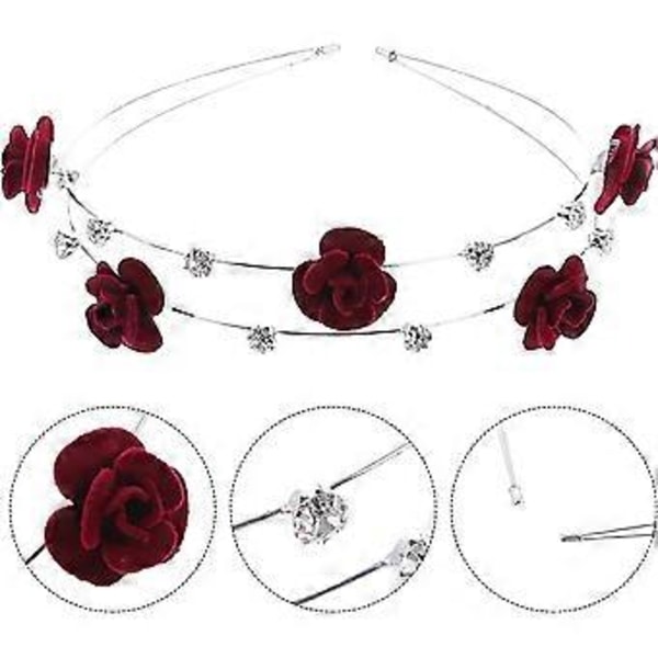 Halloween Ros Hårband Gotisk Strass Blomma Hårband Dubbla Lager Hårbandvinrödvinröd wine red