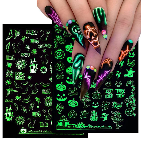 Halloween Nagelstickers 3D Lysande Halloween Naglar Självhäftande