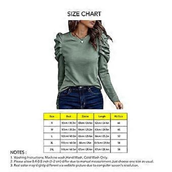 Dame Puff Langermet Topp Rund Hals Knappdekorasjon Løs Passform Casual Pullover Bluse Grønn XXL