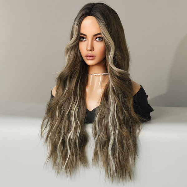 Brown (beige accented) 72CM wig with long curly hair and wool cur