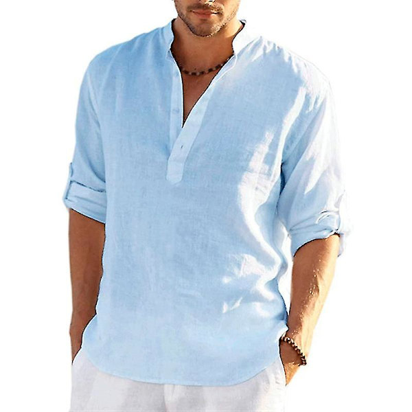 Langærmet linnedskjorte til mænd, afslappet skjorte i bomuld og linned, S-5xl top.M.Babyblå Baby blue M