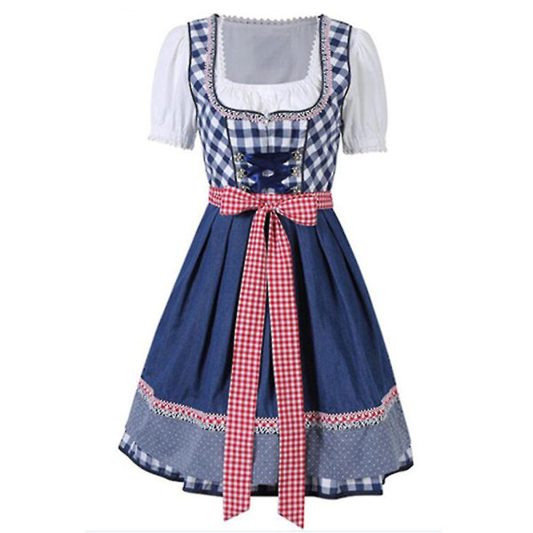 Naisten ruudullinen dirndl-mekko, saksalainen baijerilainen Oktoberfestin oluttyttöasu (valkoinen paita + mekko + esiliina).XS.Sininen