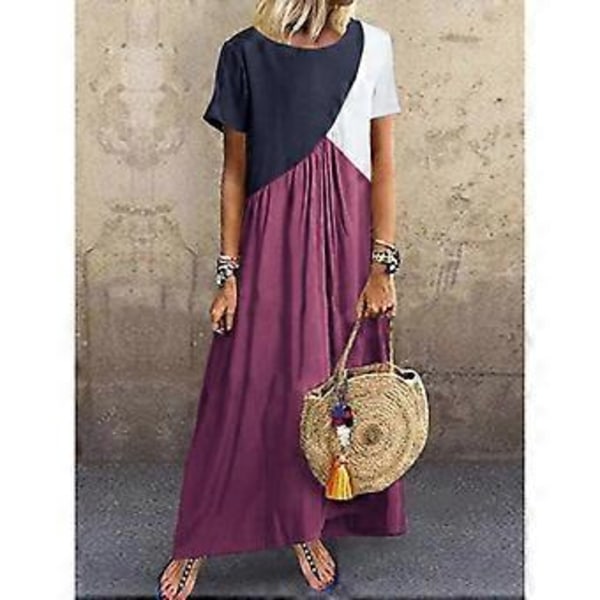 Dame Farveblok T-shirt Kjole Kortærmet Maxikjole Afslappet Løs Lang Maxikjole Strand Lang Kjole Swing Kjole Fuchsia XXXXL Fuchsia XXXXL