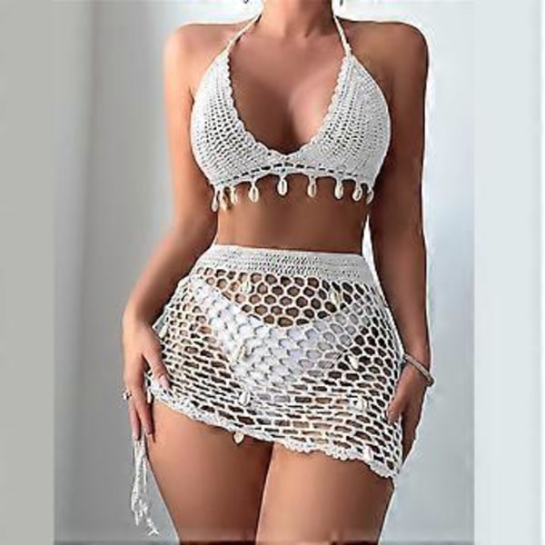 Dame 2-delt Hæklet Badedragt Muslingeskaller Halter Bikini Toppe og Udhulet Høj Talje Strandnederdel Sæt Gaver Sort L Black L