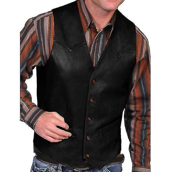 Herre Efterårsmode Cowboy Vest i Kunstlæder. S. Sort
