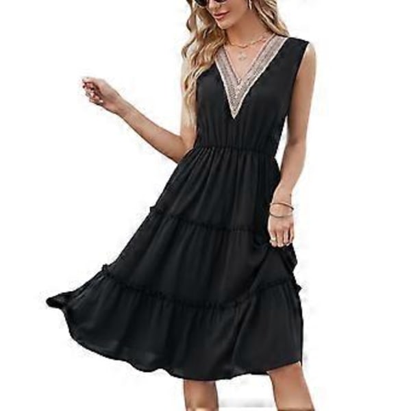 Ensfarvet Blonde V-udskæring Kjole Ærmeløs Elegant Midi Kjoler Afslappet Ferie Stil Outfits til Kvinder Sommer Sort M Black M