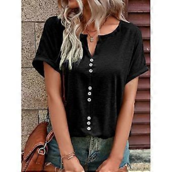 Svart S Dam T-shirt Kort Ärm V-ringad Enfärgad Lös Passform Knappdekoration Fram Dam Casual Topp för Vår Sommar