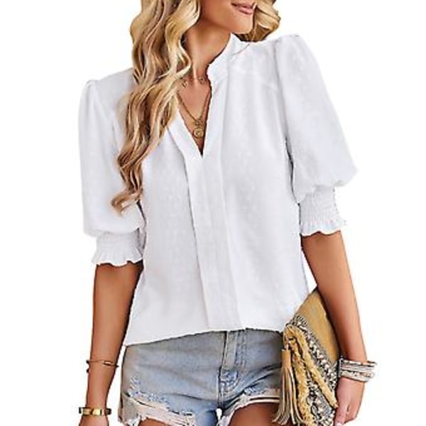 Dam Halv Ärm V-ringad Topp Elegant Trendig Enfärgad Puffärm Elastisk Rynkad Manschett Skjorta Blus (XLVit) White XL