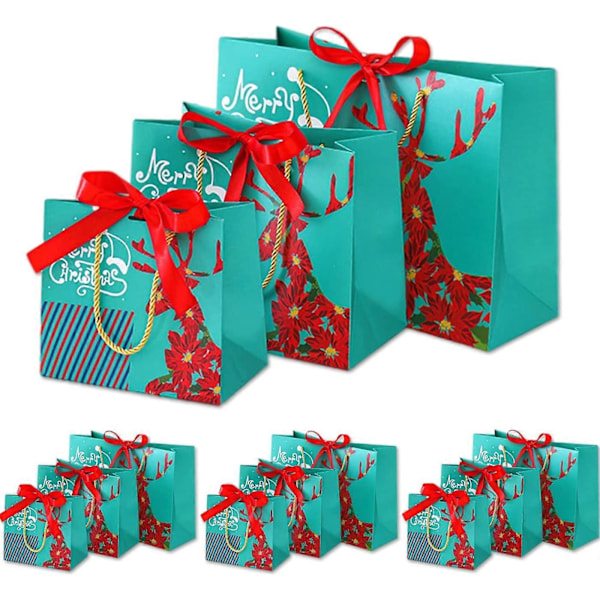 12 st julpåsar, julpåse med handtag, julpapperspåsar, julgåvoinslagspåsar, festtillbehör