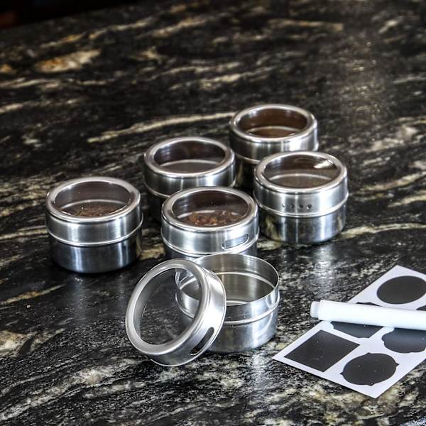 Magnetiska kryddburkar - Set om 12 | Etiketter ingår | Rostfritt stål
