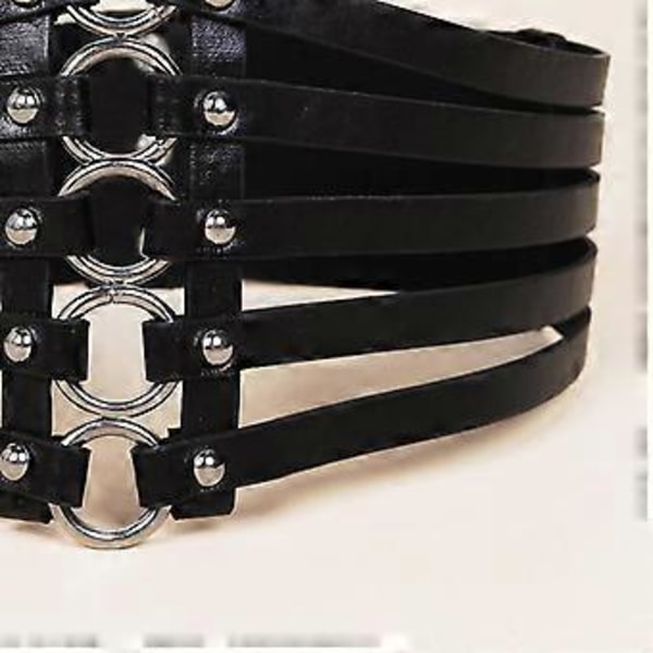 Vintage Steampunk Nitar Svart Läder Bred Midjebälte Stretchband Dam()