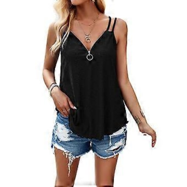 Tanktopp for kvinner, uten ermer, spaghettistropper, avslappet, sommer, glidelås, V-hals, løs Cami-toppM