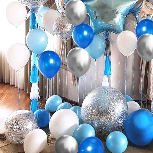 62stk Blå Sølv Hvit Konfettifylte Ballonger Kit, 12 Tommers Hvit Kongeblå Ballonger Metalliske Sølvballonger Blå Sølv Konfettifylte Ballonger Til Gutt Bursdag Baby Shower Gradueringsfest Tilbehør