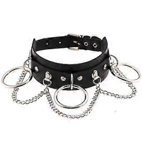 Nahkainen choker metallirenkaalla ja ketjulla, säädettävä kaulakoru