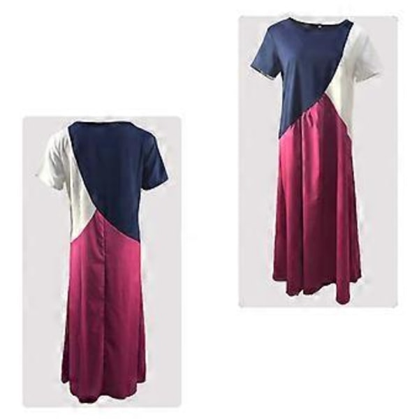 Dame Farveblok T-shirt Kjole Kortærmet Maxikjole Afslappet Løs Lang Maxikjole Strand Lang Kjole Swing Kjole Fuchsia S Fuchsia S