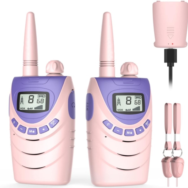 2-delt sett med rosa walkie talkies for barn, oppladbare, 8-