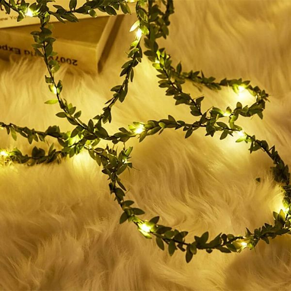 4M 40 LED Kukkaköynnös Vihreät Lehdet Rattan-Valojuova, Kuparilanka Lehti