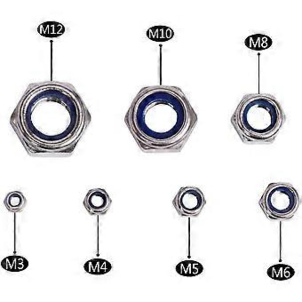 Heksagonale, 170 stk. Nylon låsemutter sortimentsett, sekskantede låsemuttere i rustfritt stål, 304 og nylon dimensjoner: M3, M4, M5, M6, M8,