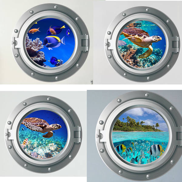 Fyra delar set 3D Sea Life Fish Wall Stickers för badrum,Under