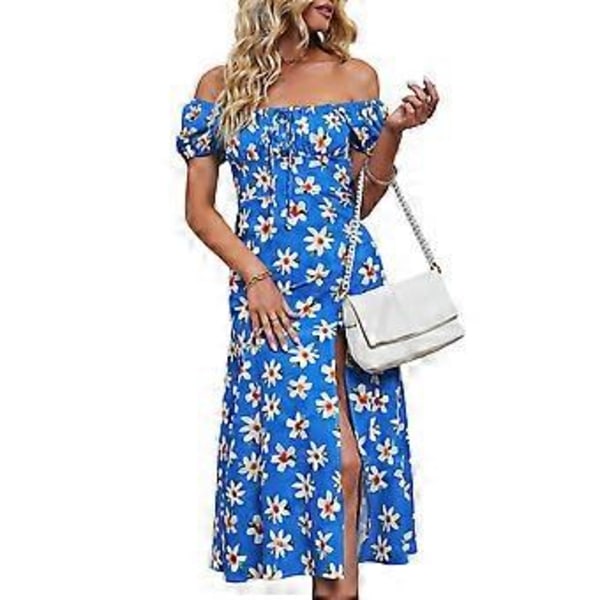 Blomstret Damekjole Off Shoulder Firkantet Hals Puff Korte Ærmer Slids Sommer Afslappet Kjole