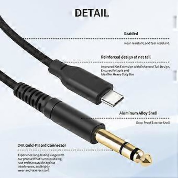 USB C - 6,35 mm:n TRS-stereokaapeli, Type C - 6,35 -sovitinjohto vahvistimille, miksereille ja kaiuttimille 3m