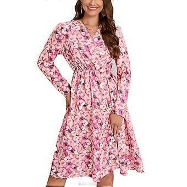 Kvinnors Wrap V-ringad Klänning Långärmad Tryckt Elastisk Hög Midja Split Hem Elegant Klänning