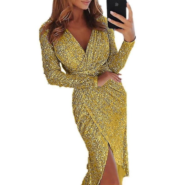 Elegant glitterfestklänning med paljetter Dam V-ringad Bodycon Glitter långärmad klubbklänning för damer.L.Golden